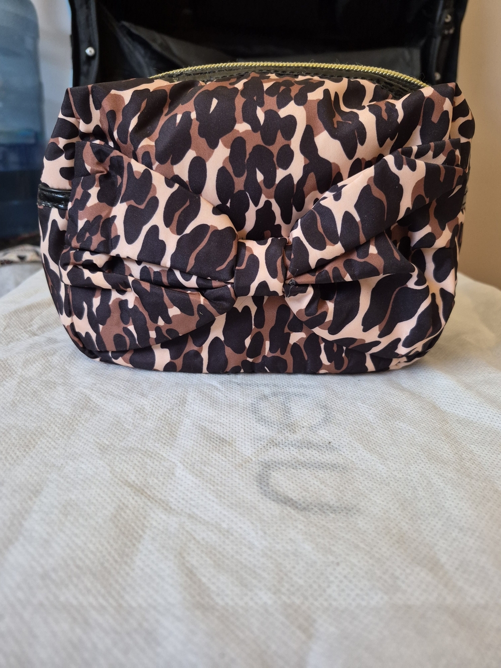 Betsey Johnson Pink and Brown Leopard Quilted Cosmetic Bag with Bow
